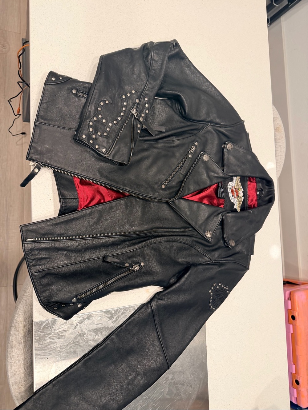 Harley-Davidson Black Leather Studded Biker Jacket with Red Lining